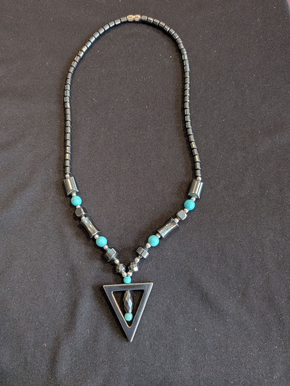 Turquoise and Hematite Black Pendant Beaded Necklace 10"- Women Jewelry